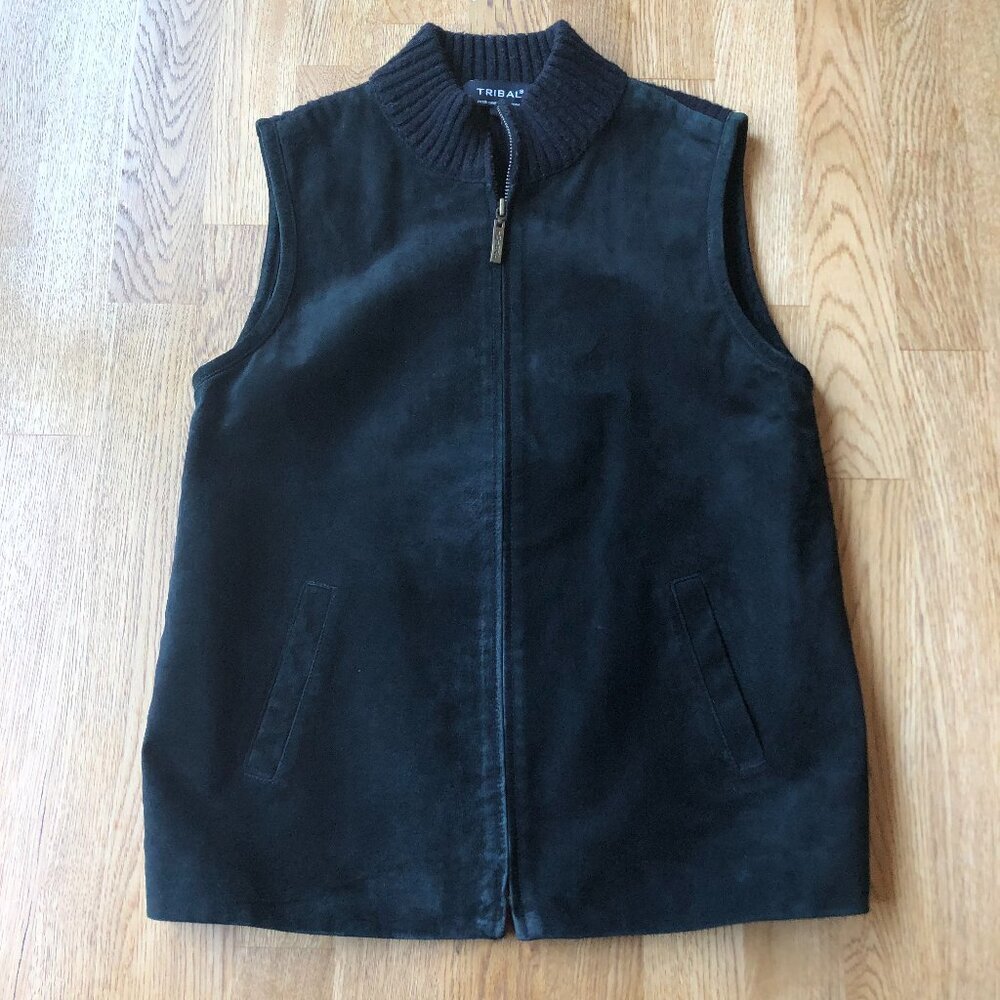 Tribal Black Knit Back Leather Vest Size Small